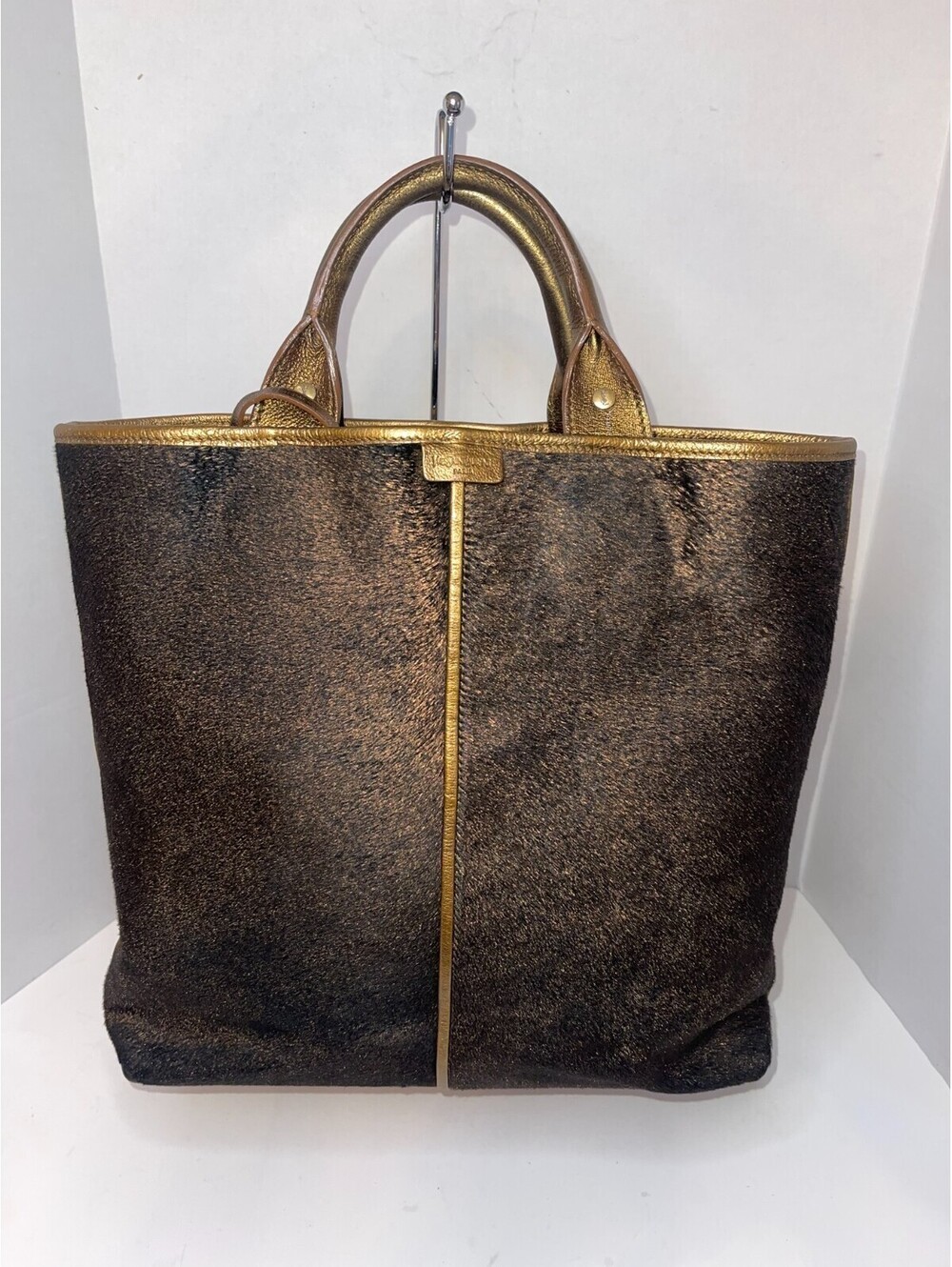 Authentic Yves Saint Laurent Tote Bag–Metallic Pony-Style Calfskin with Gold Rim